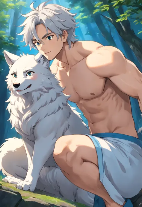 (best quality,ultra-detailed,realistic:1.37),muscular shirtless male with wolf ears and a wolf tail, beautiful detailed eyes, beautiful detailed lips, long eyelashes, white flowing hair, light beard,not wearing shoes, happy, [no shirt], [barefoot], wolf,de...