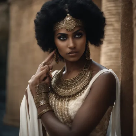 A photo of Cleopatra with half her face with European features and white skin))) and the other half with African features and dark skin, representing his mixed ancestry.