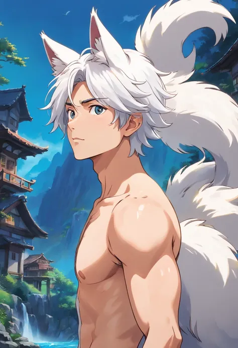 (best quality,ultra-detailed,realistic:1.37),muscular shirtless male with wolf ears and a wolf tail, beautiful detailed eyes, beautiful detailed lips, long eyelashes, white flowing hair, light beard,not wearing shoes, happy, [no shirt], [barefoot], wolf,de...