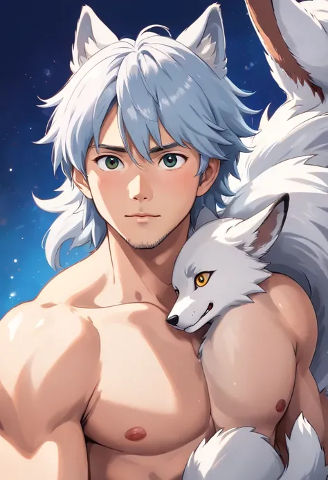 (best quality,ultra-detailed,realistic:1.37),muscular shirtless male with wolf ears and a wolf tail, beautiful detailed eyes, beautiful detailed lips, long eyelashes, white flowing hair, light beard,not wearing shoes, happy, [no shirt], [barefoot], wolf,de...