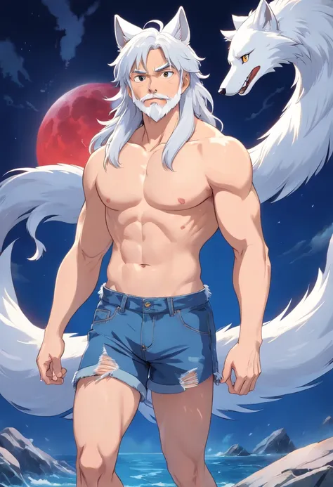 (best quality,ultra-detailed,realistic:1.37),muscular shirtless male with wolf ears and a wolf tail, beautiful detailed eyes, beautiful detailed lips, long eyelashes, white flowing hair, light beard,not wearing shoes, happy, [no shirt], [barefoot], wolf,de...