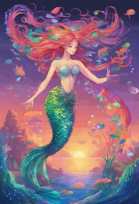 rainbow mermaid,fantasy creature (mermaid:1.1),underwater scenery,ocean depths,beautiful detailed eyes,beautiful detailed lips,sparkling scales,flowing colorful hair,finely detailed fish tail,magical underwater lighting,calm and serene atmosphere,peaceful ...