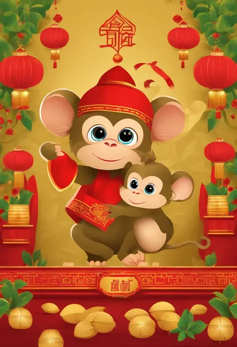 Chinese New Year，Year of the Monkey，Golden, green, red，cartoony，Flat illustration style，، simple，Non-realistic，Commercial posters，There are decorations around，delight