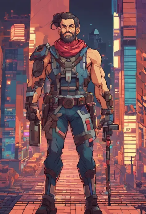 (best quality, highres, ultra-detailed, realistic:1.37), male with brown ponytail, has a light beard, wearing a sleeveless hoodie, mecha arms with crackling energy, superhero aesthetic, detailed facial features, intense expression, muscular physique, futur...