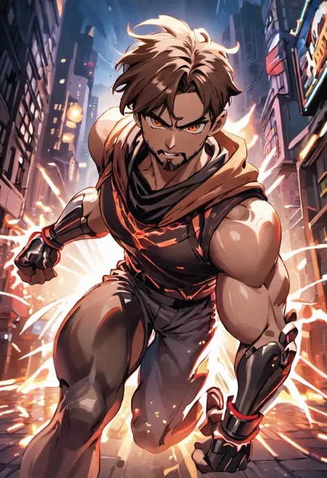 (best quality, highres, ultra-detailed, realistic:1.37), male with brown ponytail, has a light beard, wearing a sleeveless hoodie, mecha arms with crackling energy, superhero aesthetic, detailed facial features, intense expression, muscular physique, futur...