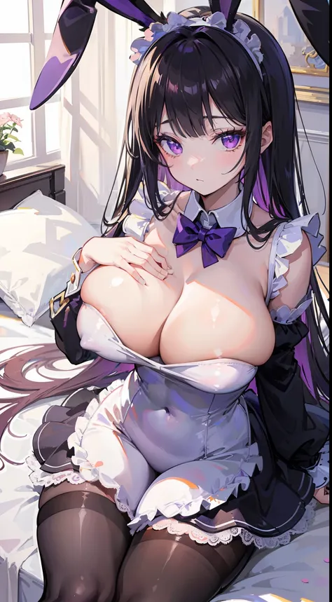 High quality, masterpiece, ultra-detailed, 1girl, thighband pantyhouse, bunny maid outfit, peaceful expression, long black hair, enchanting purple eyes, bunny ears, ridiculously large breasts, grabbing own breast, shiny skin, bedroom