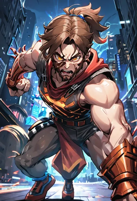 (best quality, highres, ultra-detailed, realistic:1.37), male with brown ponytail, has a light beard, wearing a sleeveless hoodie, mecha arms with crackling energy, superhero aesthetic, detailed facial features, intense expression, muscular physique, futur...