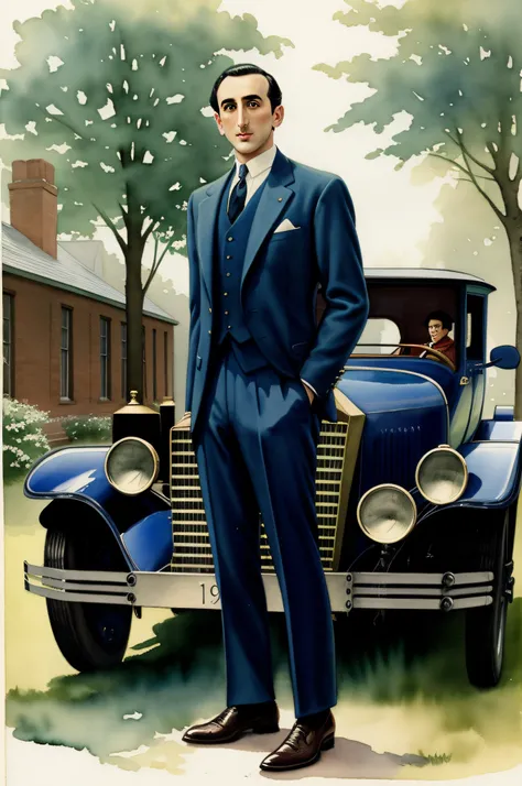 Vintage watercolor of a black hair, green-eyed man resembling Basil Rathbone with a nostalgic air. her is dressed in a suit blue 1910s style, inside a rural school, in a courtyard full of trees and with in front of a 1912 Wolseley car. Full body image.