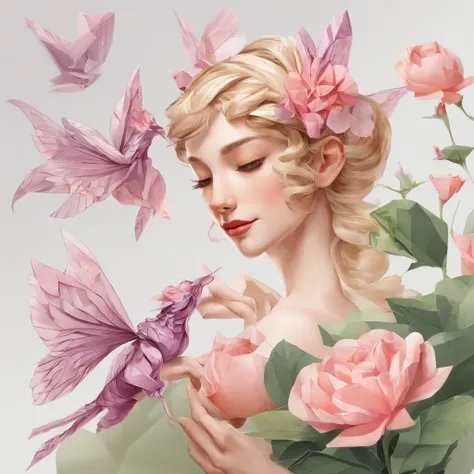 Picture of a fairy with a rose in her hand,Transparent and lightweight wings like cicada wings,Oiltea skin,Classic garden in ballot style,Aerial view,Concept art,skyporn,Study of the Flower Fairy, fairy aesthetics, space flower fairy, faerie, portrait of f...