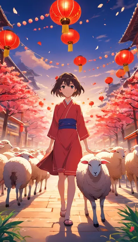 New Years sheep, Year of the Goat，Sheep all over，Dont be characterized，Lunar New Year, spring flowers, Red lanterns, fundo vermelho, Extremely high quality, Full-HD, Close-up, 2023, ..。.。.3D