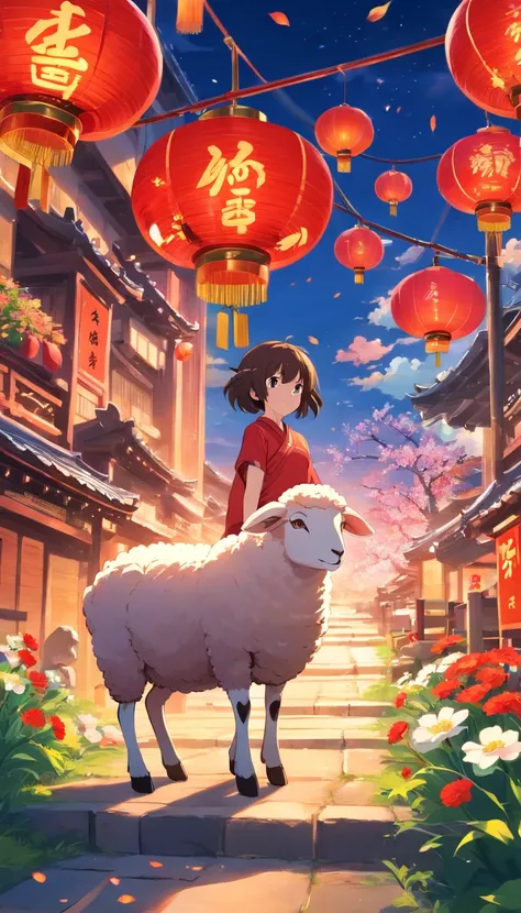 New Years sheep, Year of the Goat，Sheep all over，Dont be characterized，Lunar New Year, spring flowers, Red lanterns, fundo vermelho, Extremely high quality, Full-HD, Close-up, 2023, ..。.。.3D