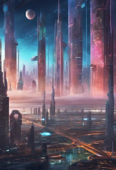 cyberpunked、futuristic cities、planet earth、A cyberpunk with skyscrapers that pierce through the clouds.ＳＦart by、Utopian City、Megacities、dream、top-quality、​masterpiece、Beautiful cities of the future