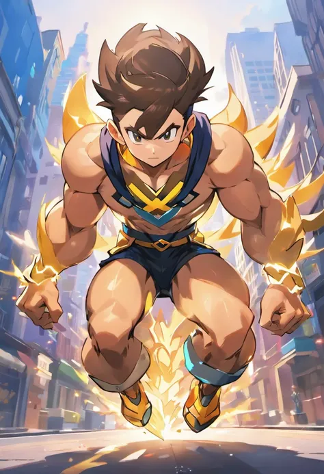 (best quality, highres, ultra-detailed, realistic:1.37), male with brown ponytail, has a light beard, wearing a sleeveless hoodie, mecha arms with crackling energy, superhero aesthetic, detailed facial features, intense expression, muscular physique, futur...