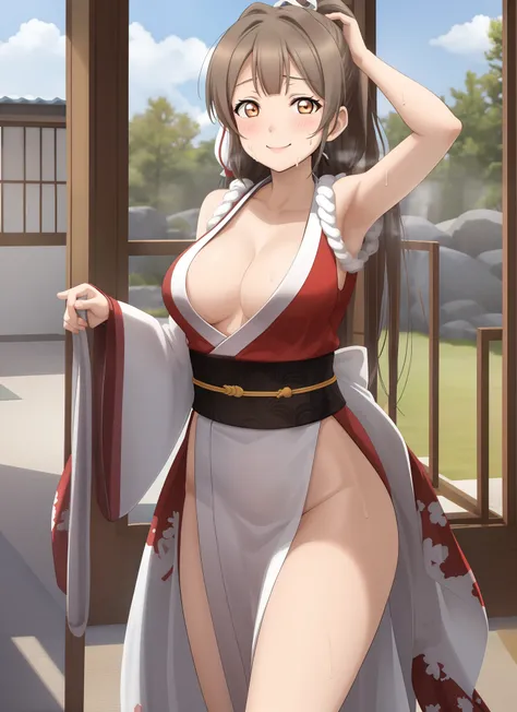 masterpiece, best quality, minami kotori, kunoichi dress, large breasts, curvy body,smile, cowboy shot , break dojo, japanese ar...