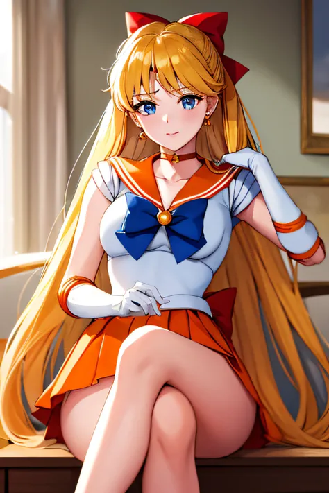 masterpiece, best quality, highres, venus1, 1girl, solo, sailor senshi uniform, sailor venus, aino minako, blonde hair, magical girl, blue eyes, orange skirt, elbow gloves, tiara, pleated skirt, hair bow, orange sailor collar, miniskirt, choker, red bow, o...