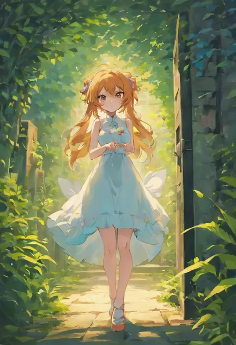 wolf women, anime full body illustration，Cat-eared girl in white dress standing in garden, Break，(((Sleeveless)))，1girl with long hair and dress, 1 girl is taking to lavatory, looks away, standing, Embarrassed, Blush,Red hair and red eyes, Keep ones mouth ...