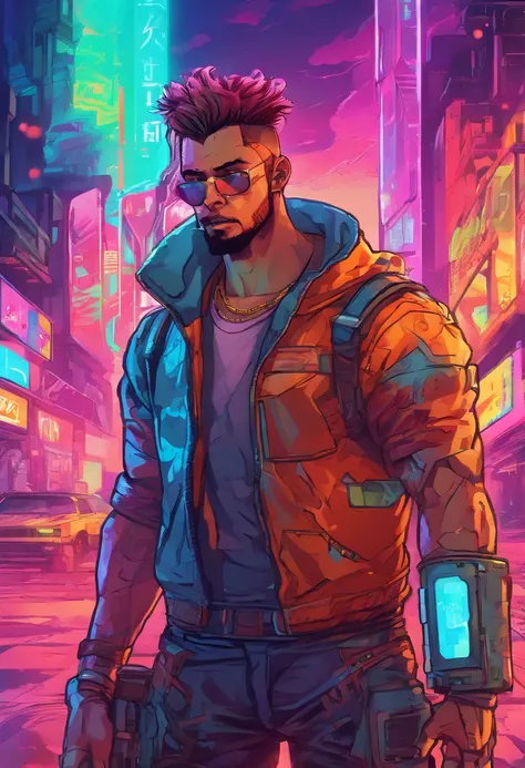 (best quality, highres, ultra-detailed, realistic:1.37), male with brown ponytail, has a light beard, wearing a sleeveless hoodie, mecha arms with crackling energy, superhero aesthetic, detailed facial features, intense expression, muscular physique, futur...