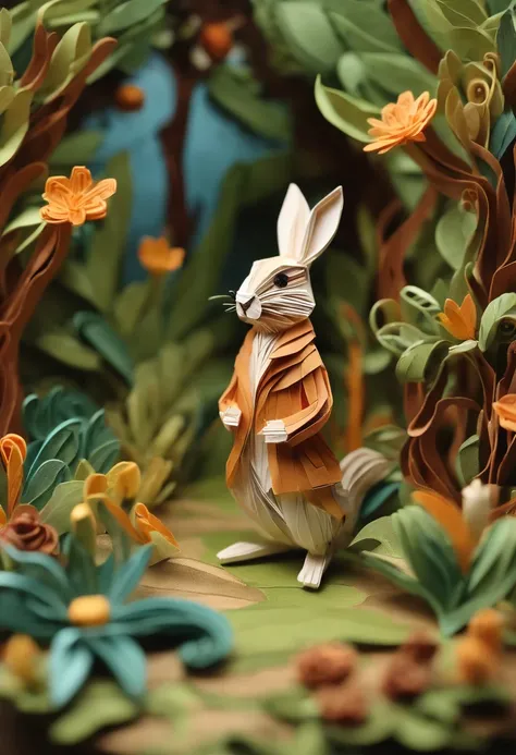 Paper quilling Peter Rabbit in the forest,Multidimensional origami stitch style illustration,Paper seam style snake