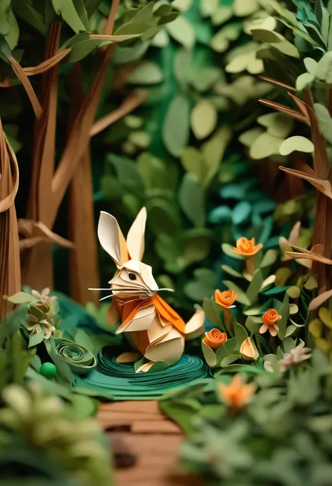 Paper quilling Peter Rabbit in the forest,Multidimensional origami stitch style illustration,Paper seam style snake