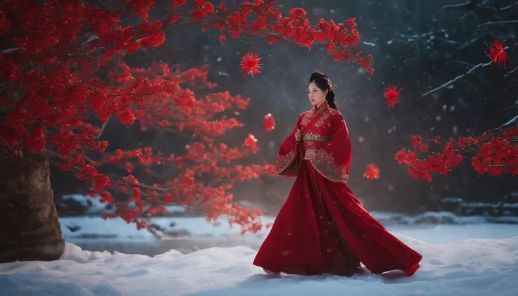 In Merlin，Falling petals and snow are the background，Bright lighting，The zodiac tiger is the theme，Wearing Tang Dynasty costumes，Red firecrackers，Chinese knot