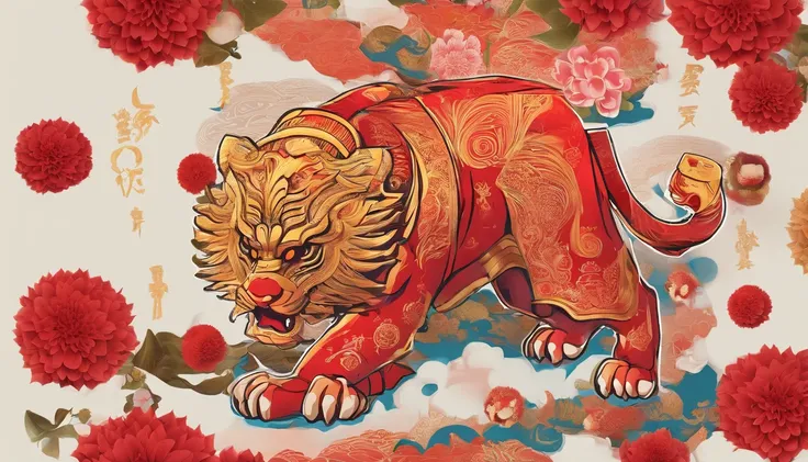 In Merlin，Falling petals and snow are the background，Bright lighting，The zodiac tiger is the subject，Wearing accessories with traditional patterns on his head，Red firecrackers，Chinese knot，No Man，