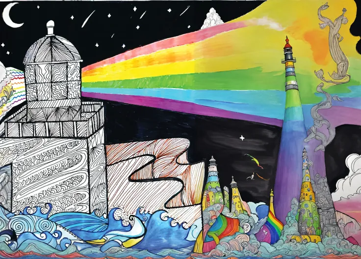 painting of a lighthouse with a rainbow in the sky, inspired by Okuda Gensō, still of rainbow ophanim, bold lighthouse in horizon, colouring - in sheet, painted tower of the moon, lighthouse, coloring book page, the tower tarot card, inspired by Friedensre...