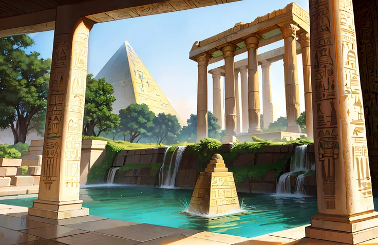 Magnificent ancient Egyptian-style temple，Ancient Egyptian temples，Ancient Egyptian temples，obelisk，Nile River，sunraise，epic sense，Sense of grandeur