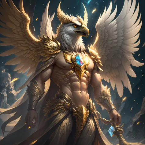 The anthropomorphic eagle vulture can be described as having a human body and (eagles head) and golden wings, human arms, upright walking creatures, ((beautifully detailed griffin)) (extremely detailed CG Unity 8k wallpaper), professional majestic oil pain...