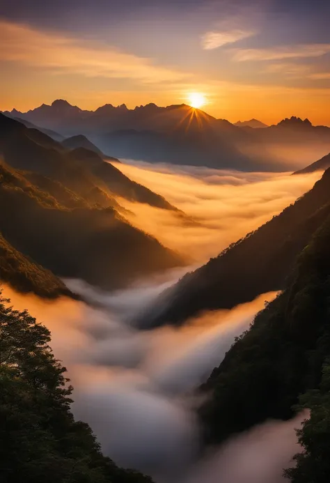 sunraise，Sea of clouds，mountain ranges，drak，glorious,The landscape,Chinese big breasts,fairytale-like,Light effect,dream magical