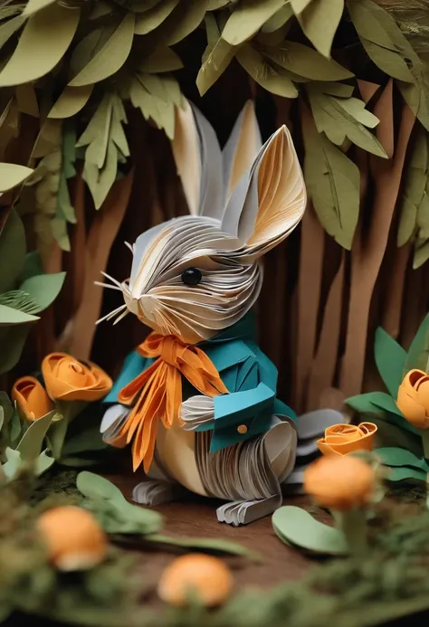 Paper quilling Peter Rabbit in the forest,Multidimensional origami stitch style illustration,Paper seam style animal puppy