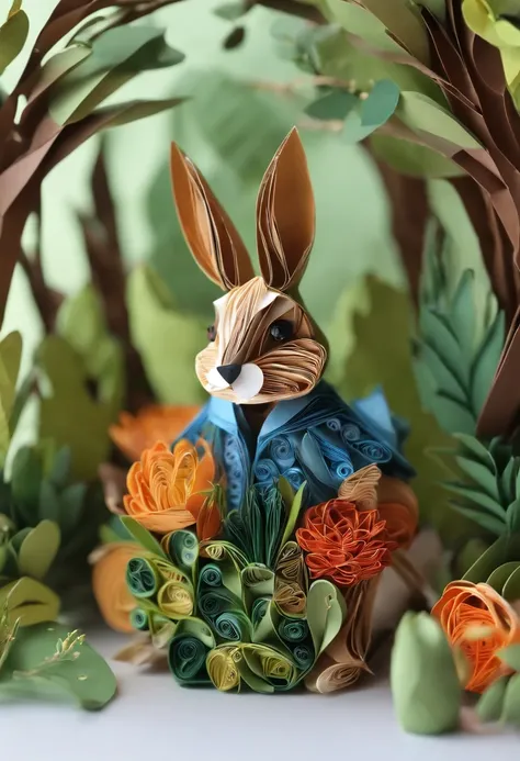 Paper quilling Peter Rabbit in the forest,Multidimensional origami stitch style illustration,Paper seam style animal puppy