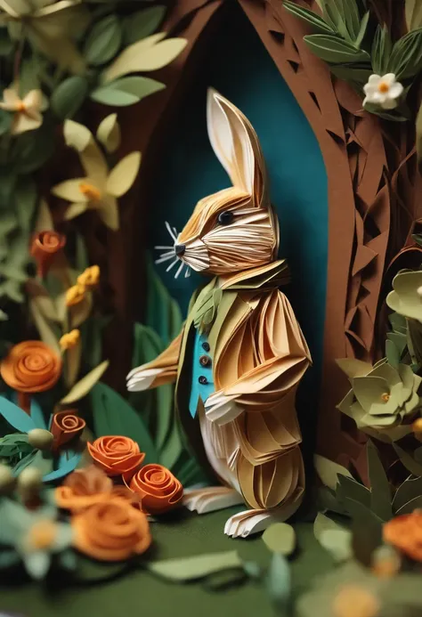 Paper quilling Peter Rabbit in the forest,Multidimensional origami stitch style illustration,Paper seam style animal puppy