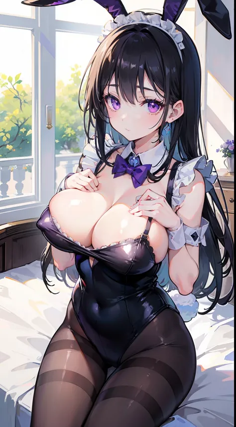 High quality, masterpiece, ultra-detailed, 1girl, thighband pantyhouse, bunny maid outfit, peaceful expression, long black hair, enchanting purple eyes, bunny ears, ridiculously large breasts, grabbing own breast, shiny skin, bedroom