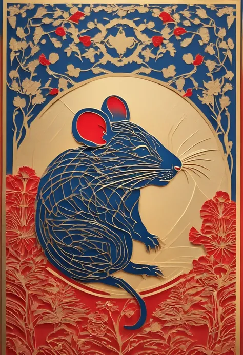 Paper Cuttings style，A rat in the middle，Year of the Rat，Golden-blue，A small amount of red，، simple，Commercial posters，delight