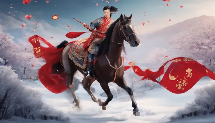 In Merlin，Falling petals and snow are the background，Bright lighting，Zodiac horses are the theme，Wearing Tang Dynasty accessory saddle，Red firecrackers，Chinese knot，No Man