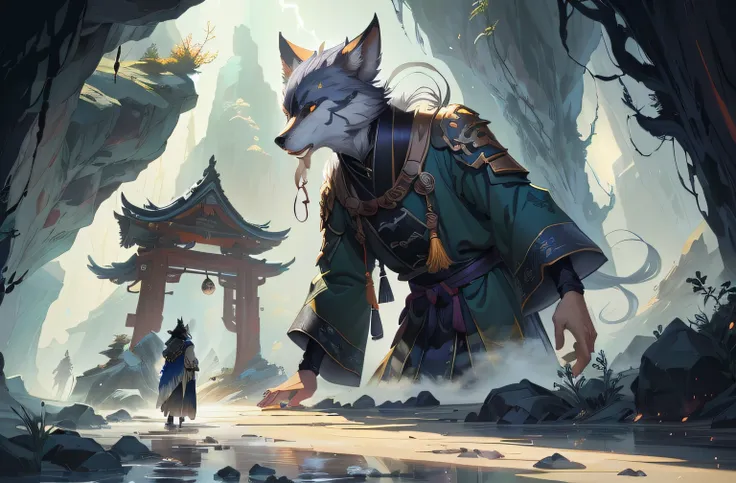 Anime style painting of man and wolf in cave, 2. 5 D CGI anime fantasy artwork, Onmyoji detailed art, Detailed digital 2D fantasy art, full art illustration, furry fantasy art, traditional japanese concept art, beautiful full-body concept art, chengwei pan...