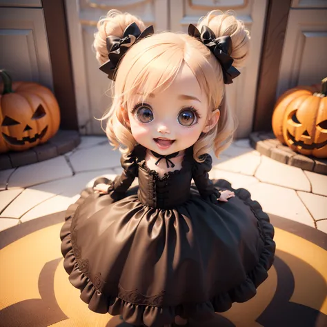 Cute Baby Chibi Anime,(((Chibi 3D))) (Best Quality) (Master Price)、fashion modell、Chibi Halloween Party Venue、Open your mouth and smile、A detailed face、Standing、Beige hair