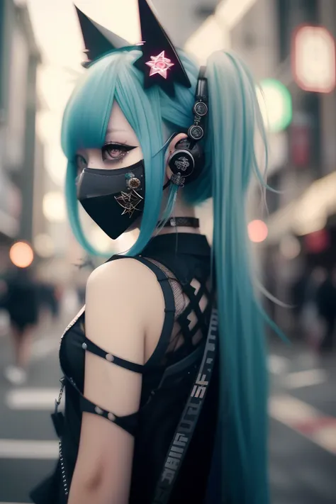 miku hatsune、Sleeveless、head phone、Crimson hair、Red-haired、goth_punk, 1girl in, 独奏, medium shot, Walking in Harajuku, ((during night)), bokeh dof, Neon light, Iridescent eyes, starrysky, Black shiny hair, White eyebrows, Radiant hair, (iridescent red hair)...