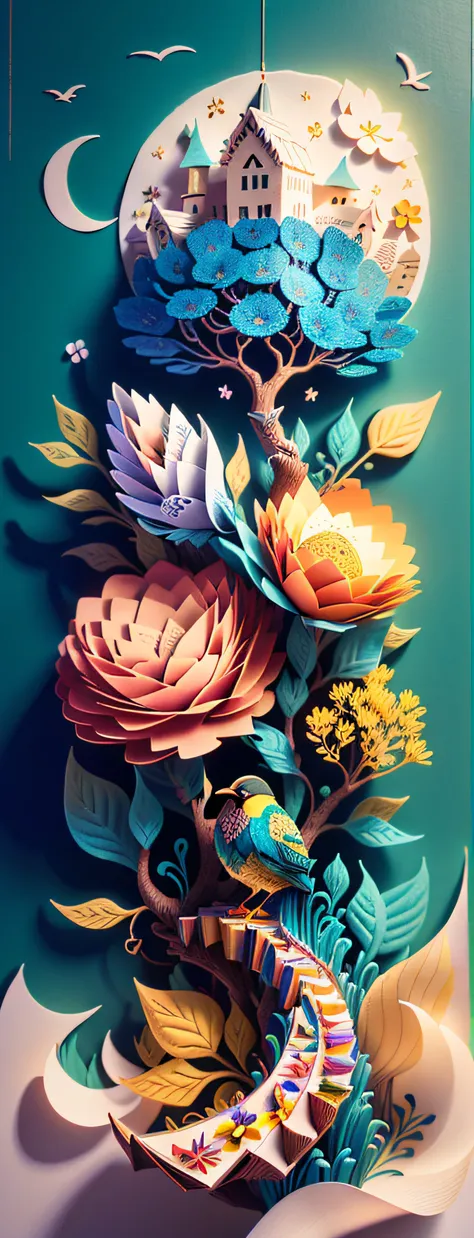 Paper art with flowers, Birds and trees, paper art, trend on behance 3d art, trend on behance 3 d art, 3 d illutration, layered paper art, intricate 3 d illustration, paper modeling art, behance art, Detailed digital 3D art, stylized 3 d graphics, Adobe Il...