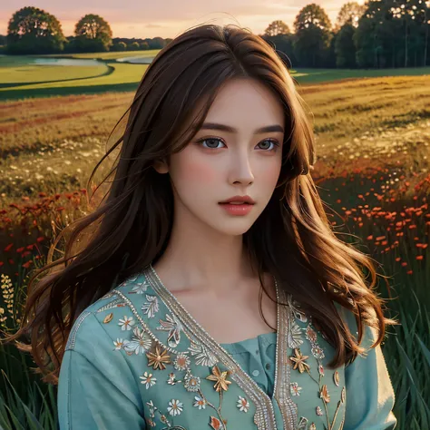 1girll,Grass,Flowers,Red ditch,Best quality, Masterpiece, Rich in detail,Brown hair, Intricate, elegant, Highly detailed, Majestic, Digital photography, (Masterpiece, side-lighting, fine detailed beautiful eyes: 1.2), hdr,