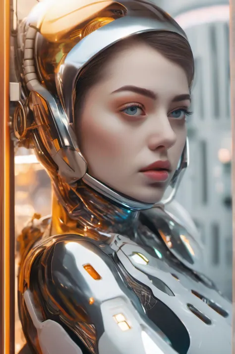 1 girl, big eyeys,extreme close-up, explore the girl of light and reflections in minimalist, cyberpunk scene.fantasy,full body,colorful background, realistic details,White dressing,Automatic,Robotic,Synthetic,Cybernetic,Bionic,Automaton,Android,Gynoid,Tech...