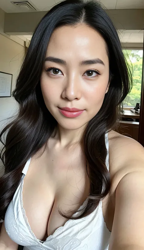 ((Best Quality, 8k, Masterpiece, Portrait: 1.3)), (looking at viewer, from front,same level), Photorealistic, Sharp Focus,1 Beautiful Japan Milf, Clothes with Cleavage View, 30 Years Old, Wavy Hair, Wrinkles at the Corners of the Eyes, Showing Armpits, Sex...