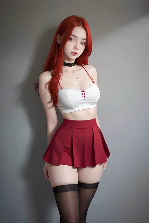 a beautiful 15yo skotlandia woman, spaghetti strap top, high waist short skirt, redhead, thighhighs