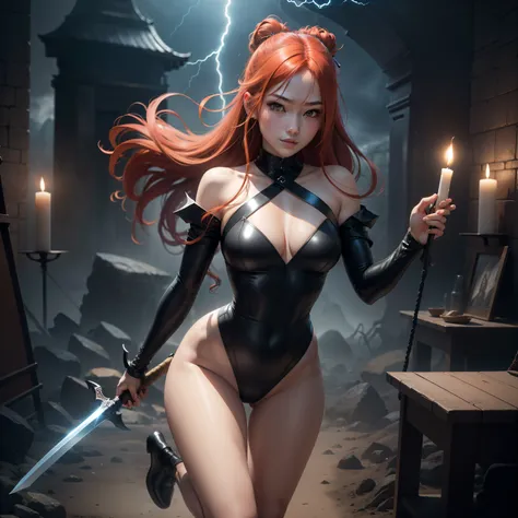 Natural redhead woman landing on the ground, Full Body Pose,, resent, half-opened mouth,Holding a sword in both hands、Niō Standing,Swinging a sword,Stylish updated hairstyles, hair in bun, Straight hair, Pretty Face, face perfect, Thunderstorm in the backg...