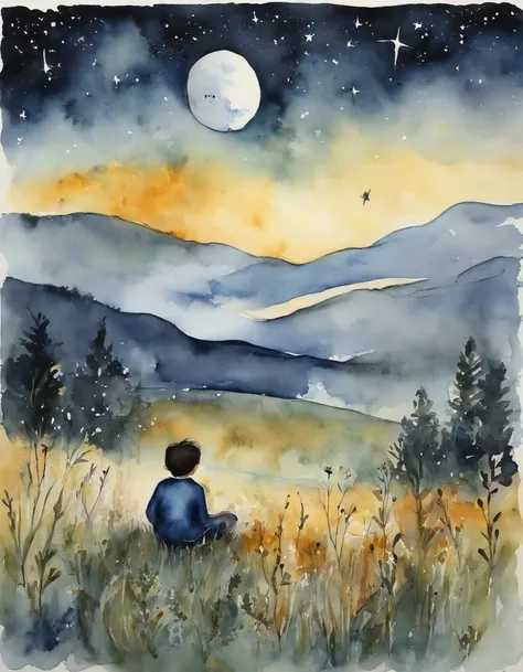 The boy under the stars sits with his back to the wormwood field Wormwood grows everywhere No face Look at the sky Black hair Ink-style clothes Characters make up less than a quarter