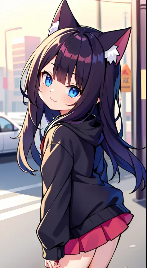 tmasterpiece, Need, 1girl, whaite hair, mid - length hair, cat ear, eye closeds, looking at viewert, :3, adolable, 围巾, jaket, short  skirt，exteriors, the street,