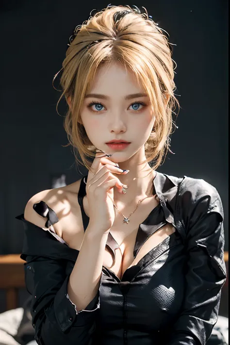 22-year-old woman、(hi-top fade:1.3)、length hair、Blue eyes、Dark theme、Soothing tones、Subdued Color、highly contrast、Colossal tits、(cleavage of the breast)、Off-the-shoulder see-through black dress、The upper part of the body、(natural skin textures、Hyper-Realis...