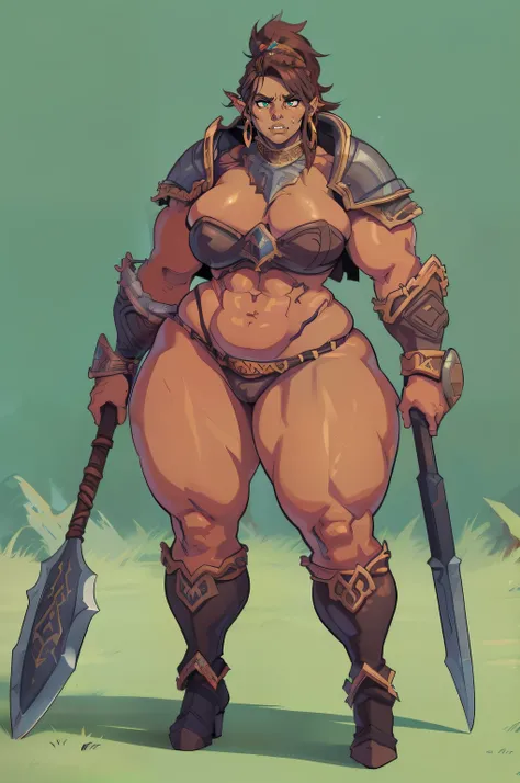 "high quality, strong and fierce orc barbarian with boots with dark brown skin, well-defined muscular legs and large hips" ((fullbody)) ((((tall)))) (((barbarian armor))) ((earring)) (solo)