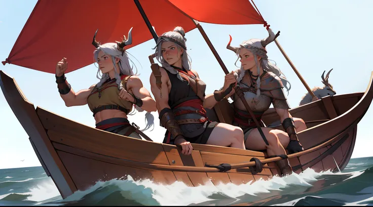 ((female viking) + (viking in a Drakkar boat)) . (muscle: 2.0)