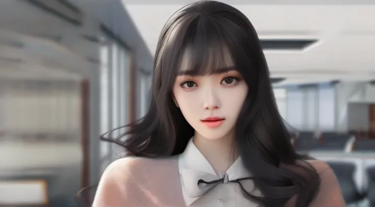 Best quality, (Photorealistic:1.2), 1girll, Solo, Detailed face, Face focus, standing, Black hair,(hair adornments:1.35),Office Lady, ribbon-trimmed sleeves, Detached sleeves, Ribbon trim, Wide sleeves, (view the viewer:1.5) Long hair, Black eyes, bangs, L...